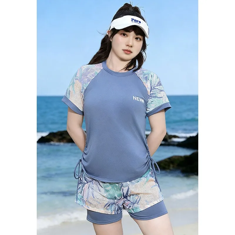 Tankini Set Tropical Print Raglan Short Sleeve Drawstring Side Top With Double Layer Shorts Sporty Beach Bathing Suit Swimwear - Image 4