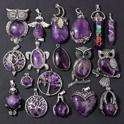 Natural Stone Amethysts Pendant Owl Life Tree Crystal Charms Amethysts Turtle Quartz Pendant For Jewelry Making Necklace DIY