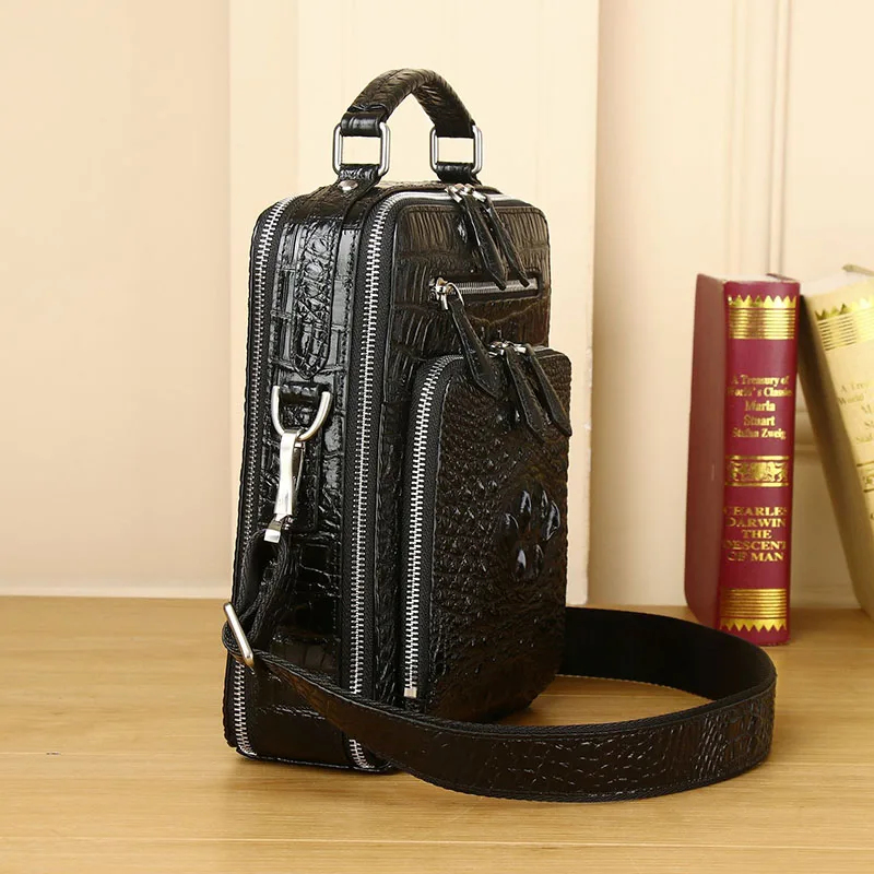 Maletín de cuero genuino con patrón de cocodrilo para hombre, bolso de negocios de gran capacidad, bolso de mensajero de hombro a la moda