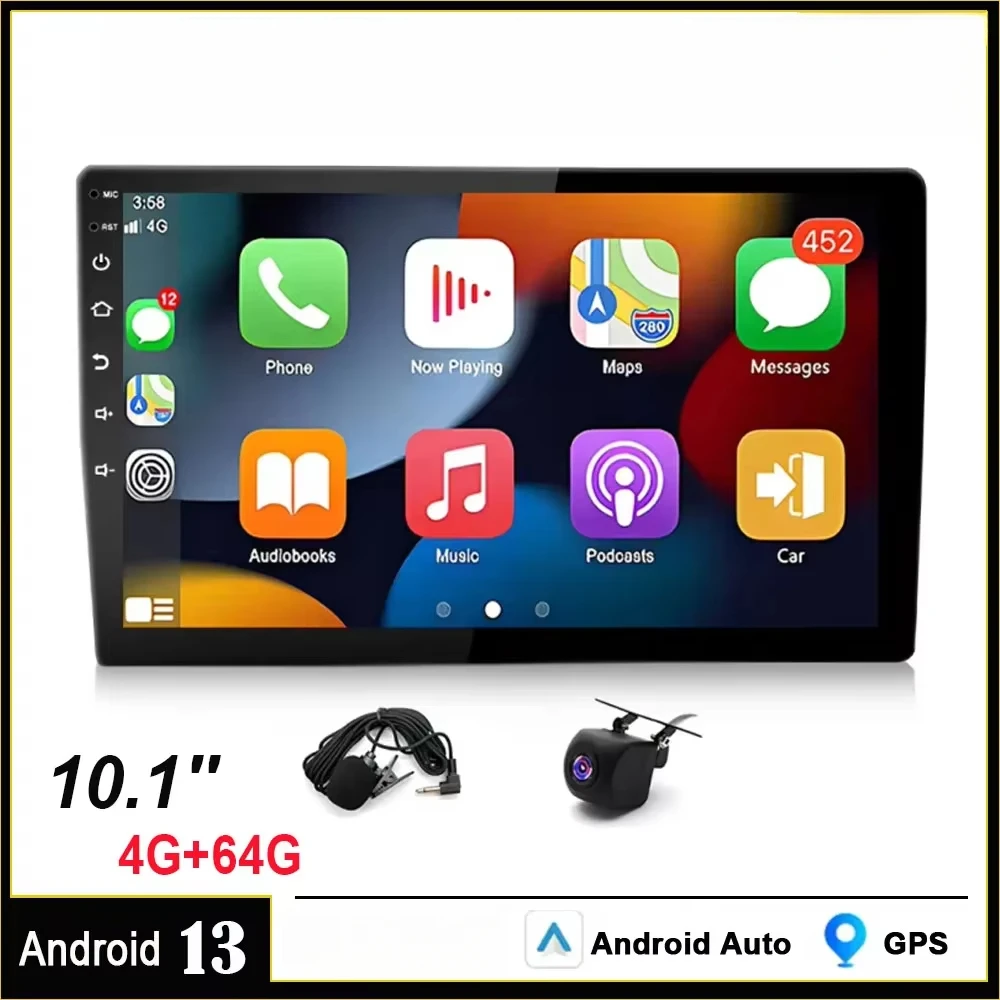 

For Universal 10.1-in Android 13 Car Navigation System with Built-in CarPlay + Android Auto / 4G + 64G / AHD Camera / Microphone