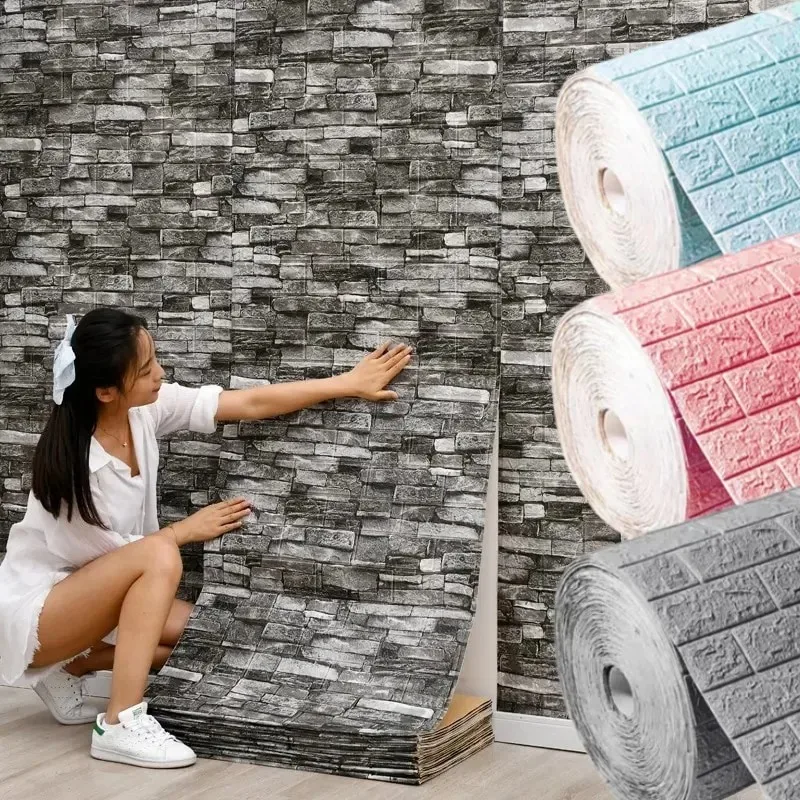 1/5/10Mx70cm Brick Foam Panels 3D Wall Stickers Self-adhesive DIY Embossed Stone Wallpaper Home Decor Living Room Kitchen Decor