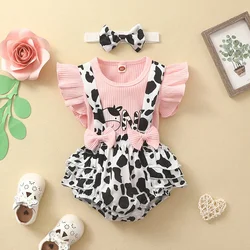 3 pieces set New Summer Baby T-shirt Strap Shorts Cow Bow Printed Strap Pants Set+Headband Soft Sweet Cute girl bow dress Set