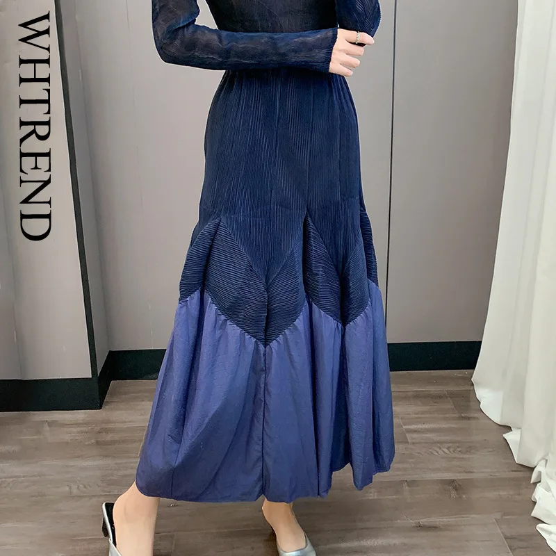 WHTREND jupe plissée à la main automne nouveau Style taille élastique Patchwork élégant ample polyvalent jupe pliante WH1089