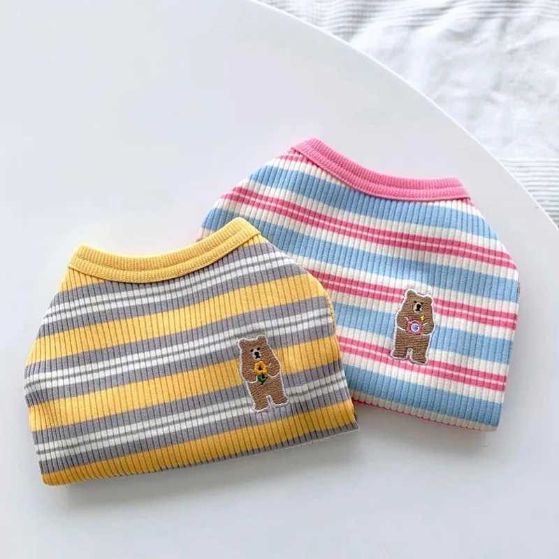 

Spring and Summer Pet Striped Vest Teddy Cartoon Pullover Bichon Casual Two Legs Clothes Puppy Anti Hair Loss Bottom Shirt
