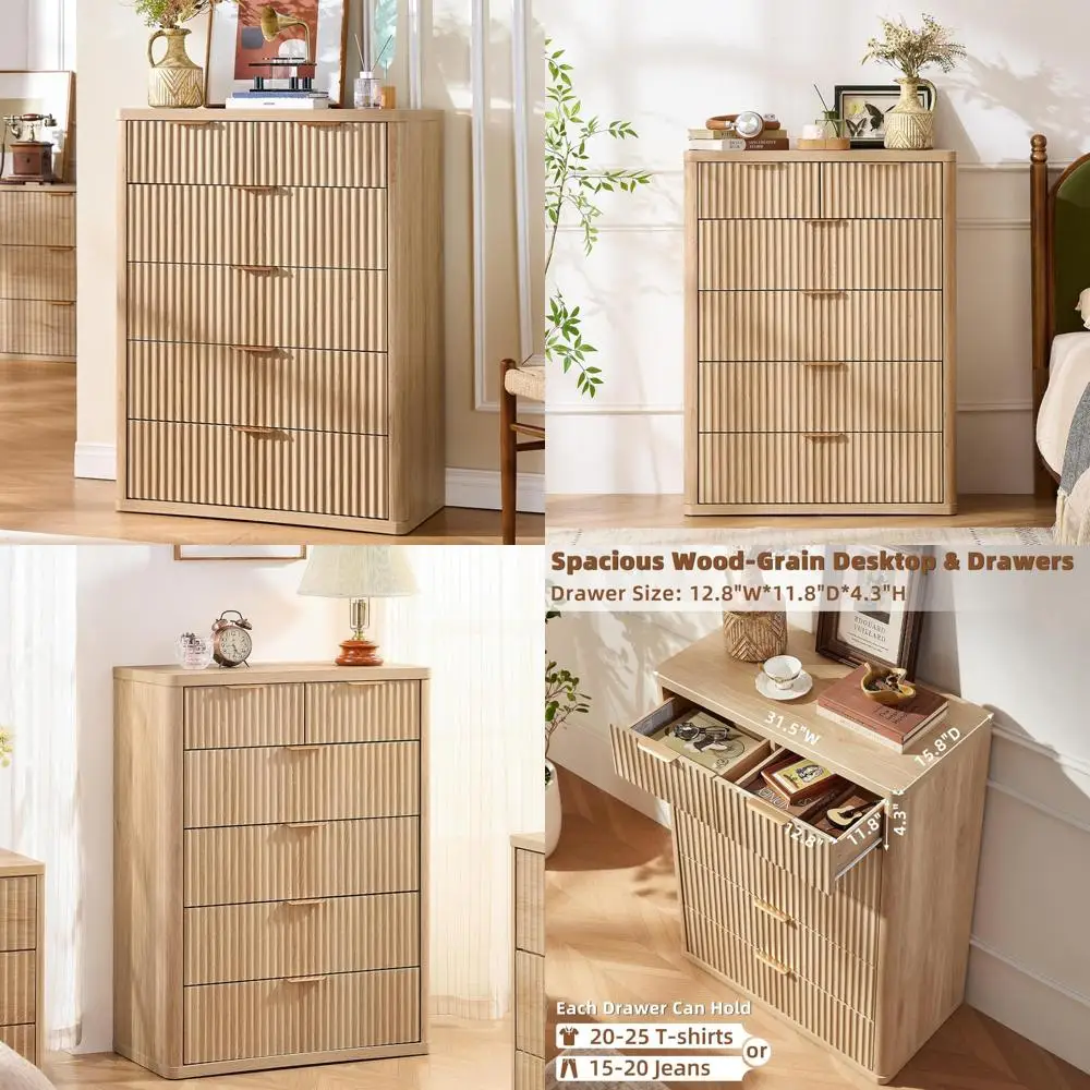 Modern 6-Drawer Fluted Dresser for Bedroom, 42 Tall Natural Wood Chest with Metal Handles and Curved Profile Design