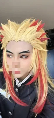 Rengoku kyoujurou peruca kimetsu não yaiba cosplay vermelho amarelo misturado resistente ao calor cabelo sintético role play perucas de fantasia de halloween