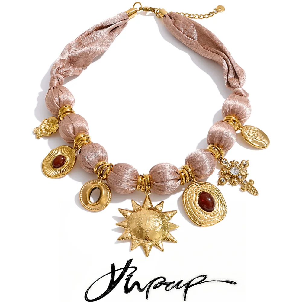 

Yhpup Polyester Cloth Wrap Beads Flower Cross Sun Drop Charm Pendant Necklace Stainless Steel Handmade Statement Fashion Jewelry