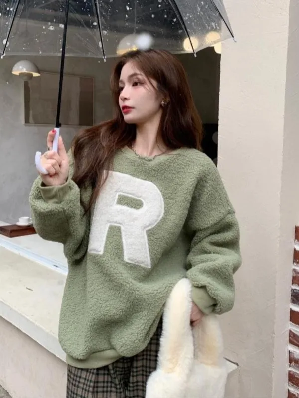 Dameshoodie Herfst Winter Vertrouwd Lamsbont Letter rond Ne Lazy Sle Losse warme top Koreaanse Sle Long Sve Katoen B...