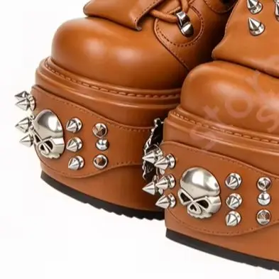2026 Gothic Platform Ankle Boots Punk Rivet Studded Wedge Heel Shoes Lace Up Buckle Side Zipper Cosplay Party Club Rave Footwear