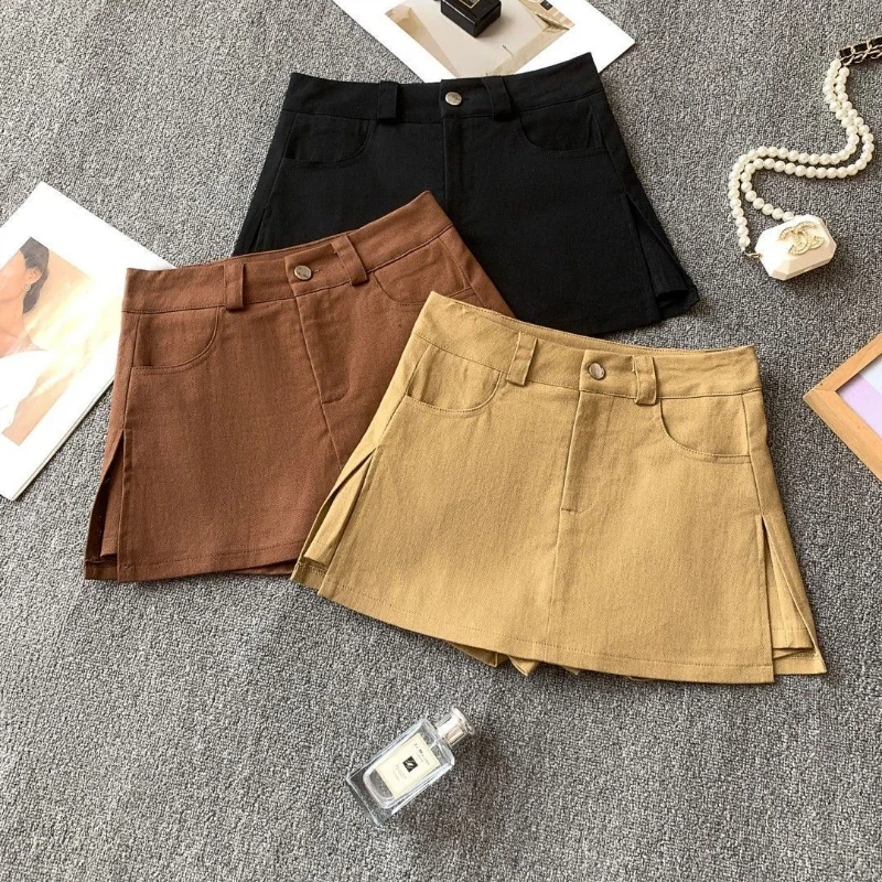 High Waist Solid Simplicity Slit Hem Trend A-line Skirt Summer New Youth All-match Casual Skirts Fashion Korean Women Clothing