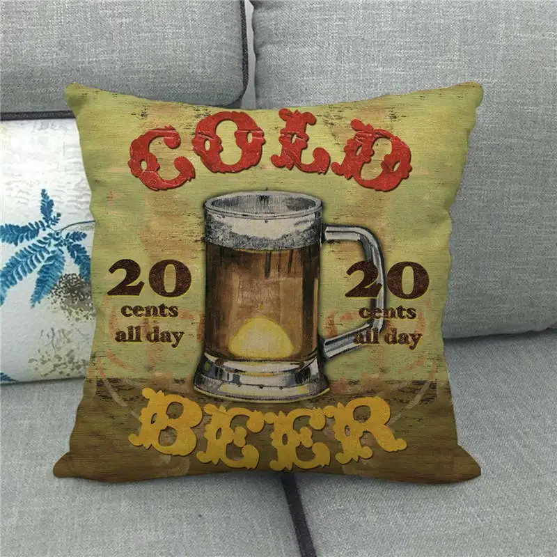 Beer Party Cushion Cover Retro Style Beer Wine Print Pillowcase Home Decor Pillow Cover Sofa Cushion Cover funda cojines 45x45