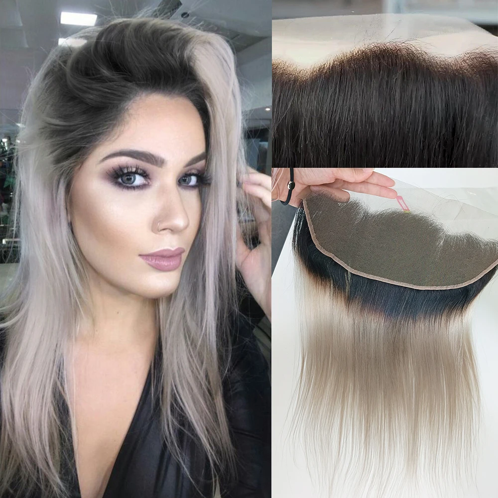 

Ombre Grey 13x4 Lace Frontal Transparent Lace Pre-Plucked Straight Remy Human Hair 10 12 14 inch Mogul Hair