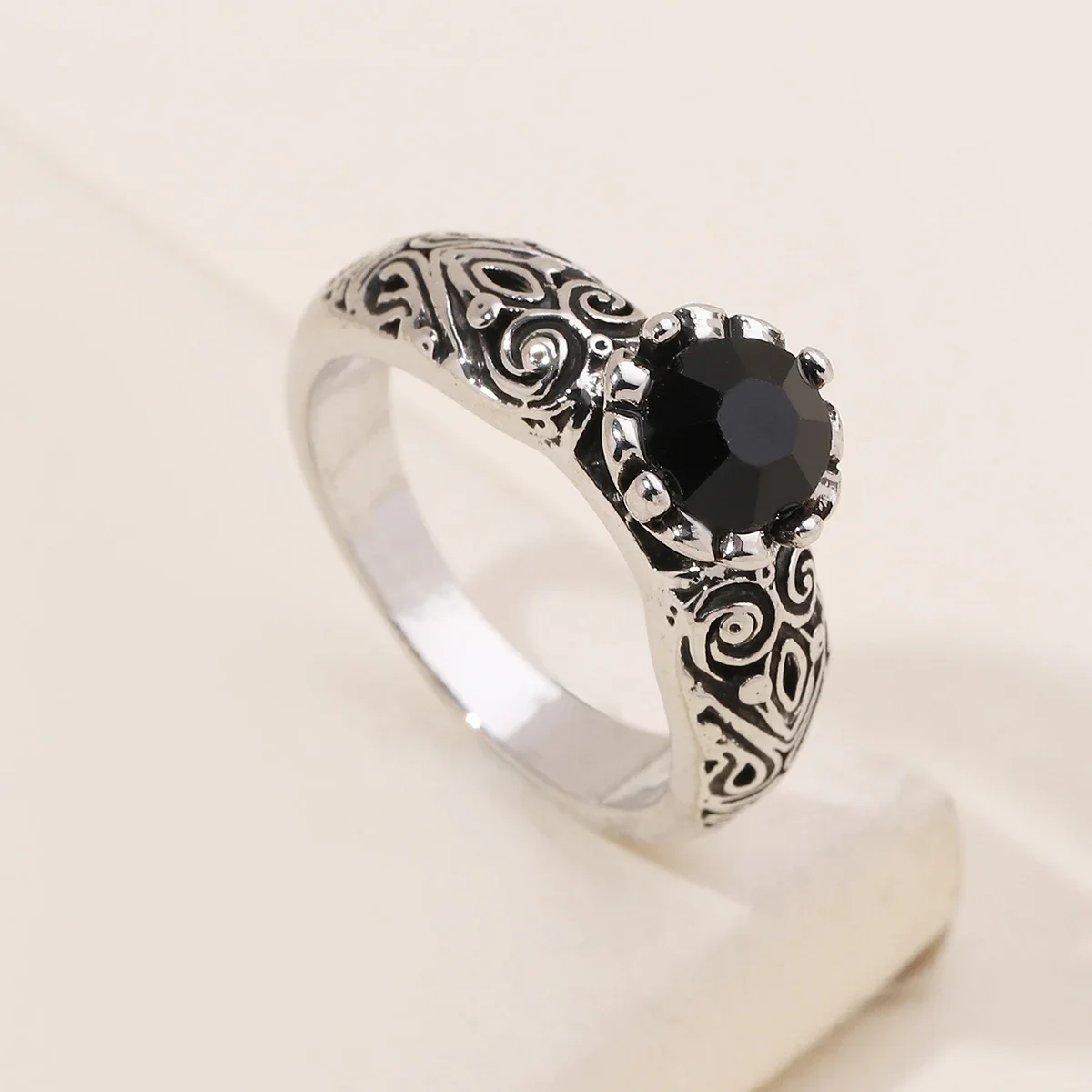 Retro Obsidian Texture Thai Silver Ring for Men and Women Fashion Trendy Personality Tibetan Silver Ring