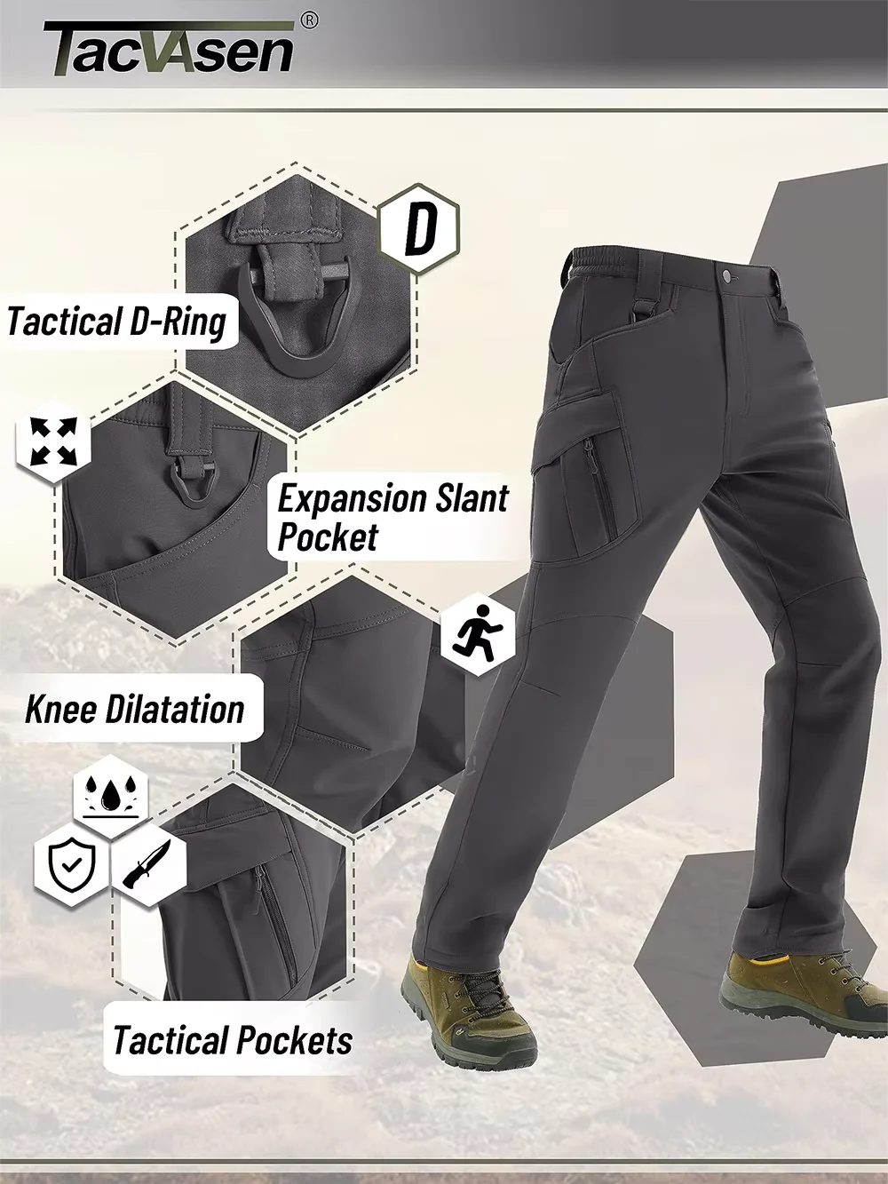 TACVASEN Winter Softshell Warm Pants Mens IX9 Outdoor Hiking Cargo Pants Waterproof Fleece Pants Safari Team Work Trousers