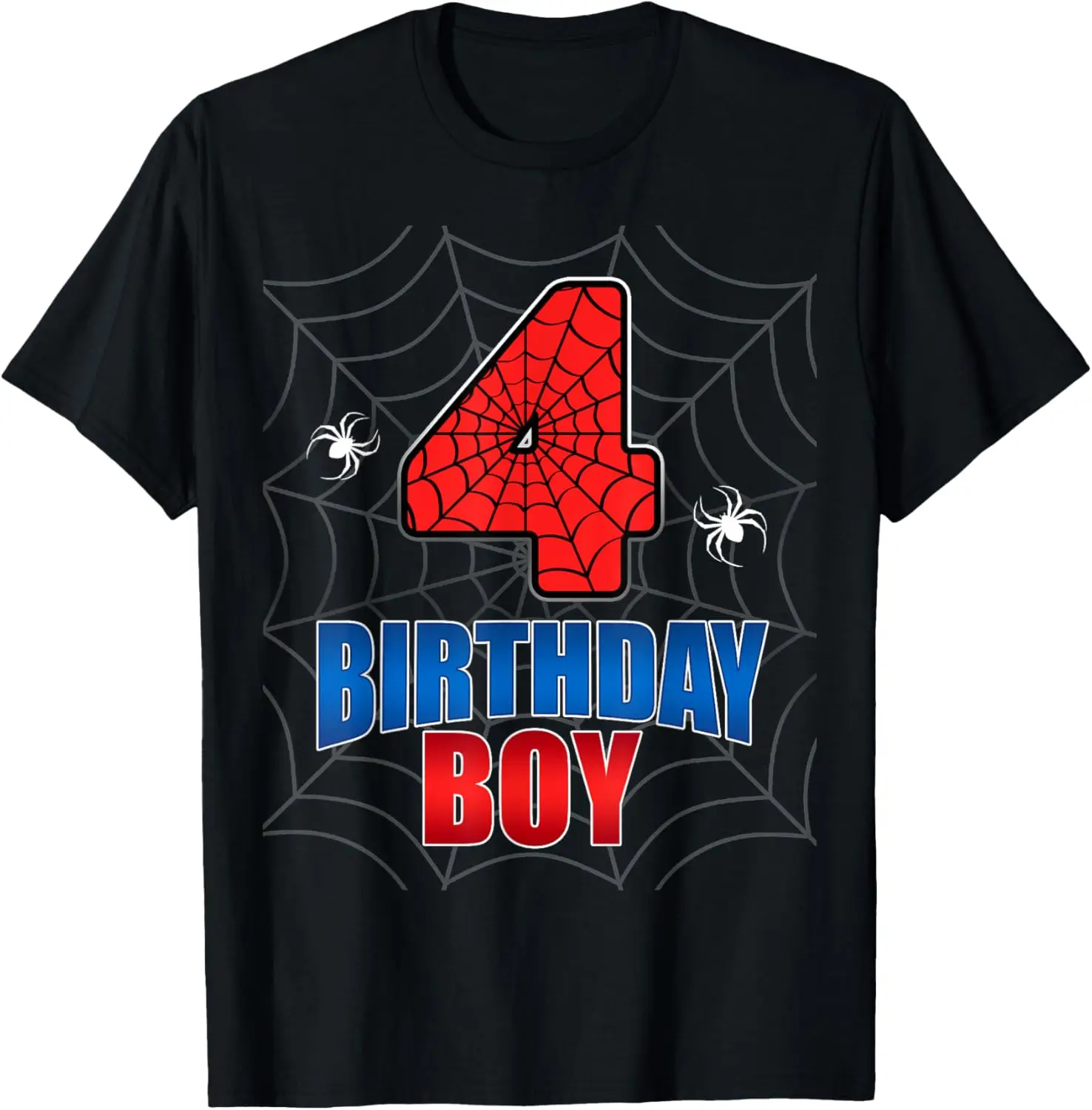 

Spider Web Four 4 Years Old 4th Birthday Boy Party Kids T-Shirt