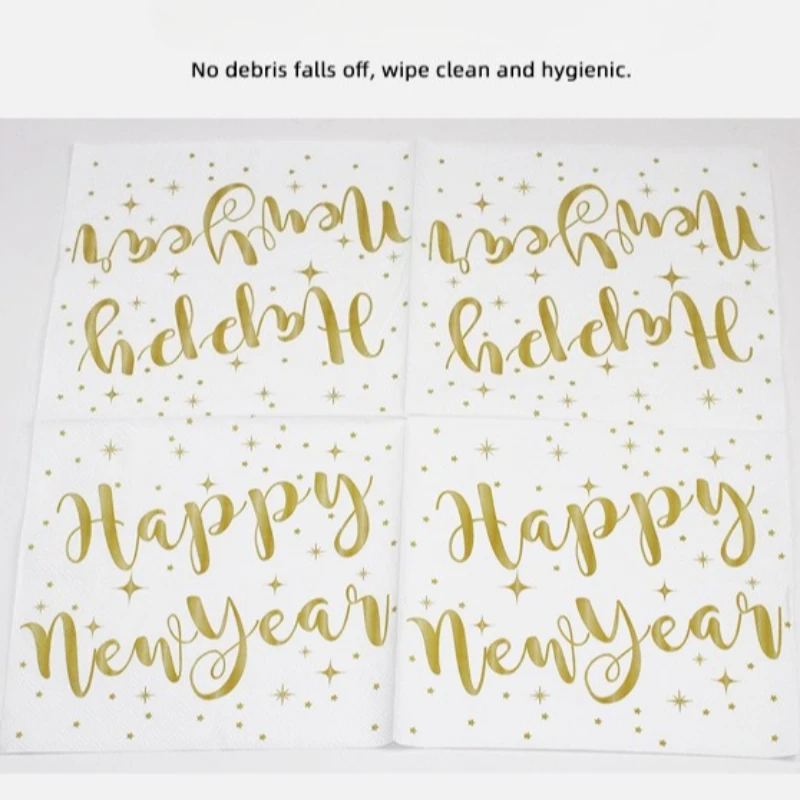 20 ชิ้น กระดาษเช็ดปากลายสุขสันต์ปีใหม่แบบใช้แล้วทิ้ง ของตกแต่งโต๊ะคริสต์มาส งานเฉลิมฉลอง กระดาษเช็ดปากสีทองลายปีใหม่ กระดาษตกแต่ง