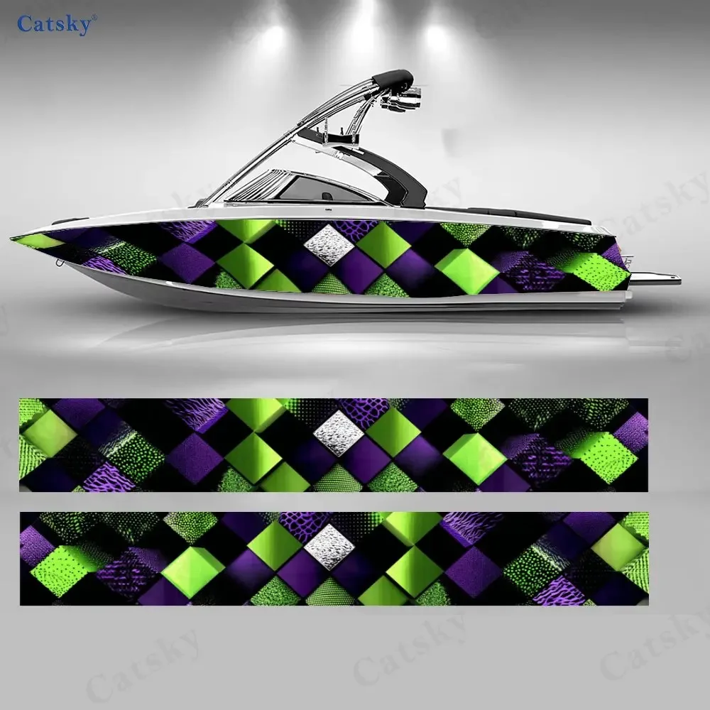 2Pcs Purple & Green Iridescent Checker Boat Stickers, PVC Waterproof Vinyl Wrap Decals for Fishing Boats, Durable Stylish Design