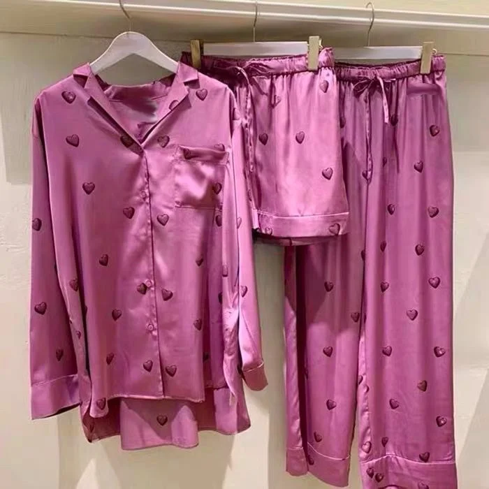 

Sweet Style Satin Sleepwear Set Comfortable Home Clothes Pure round Design Contrast Love Heart Smooth Silk Feel Two Piece Suit
