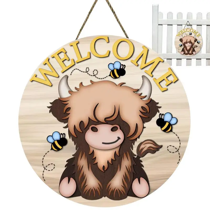 Highland Cow Wall Decor welcome door hanging house sign Rustic Front Porch Sign Farmhouse Bee Day Decorations for Outdoor