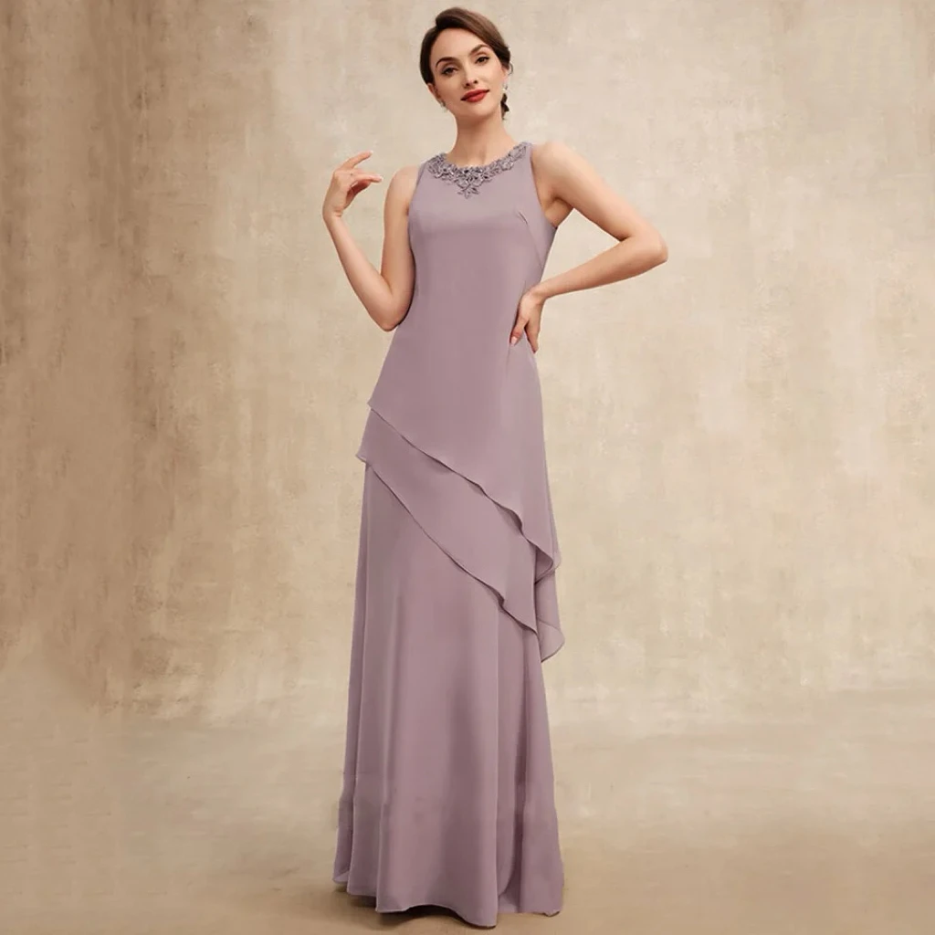 Purple Chiffon Mother of the Bride Dresses O-neck Lace Applique With Jacket Zipper Ruffle O-neck Formal Occasion Evening Gowns