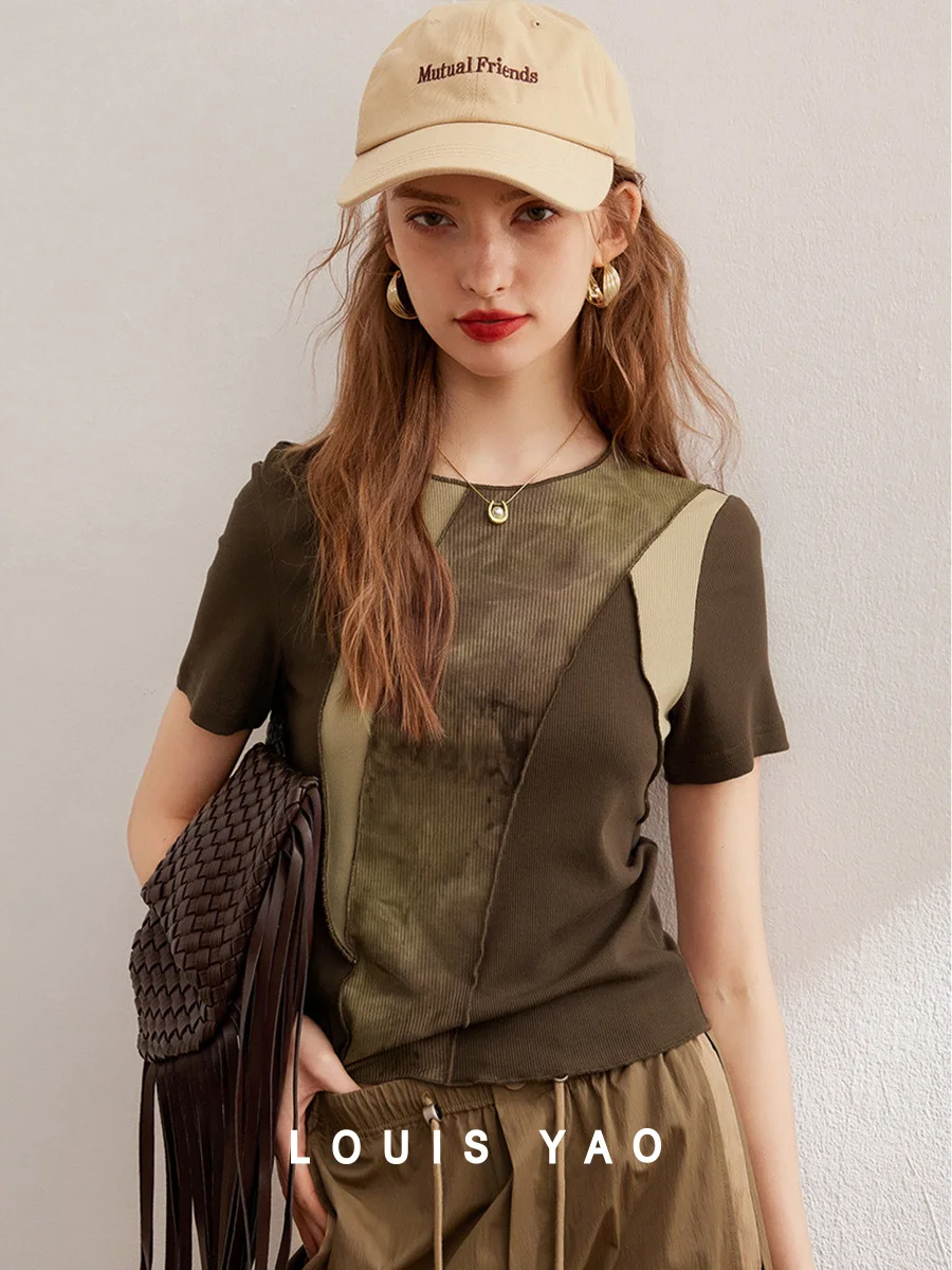 

LOUIS YAO Women's T-shirt 2025 Summer Elegant Splicing Patchwork T-shirt Round Neck Shirts Slim Short Sleeve Top women