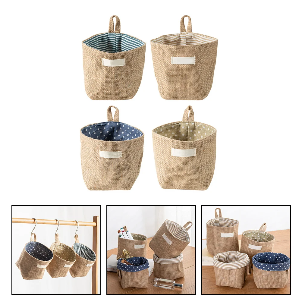 

4Pcs Fabric Hanging Storage Bags Natural Cotton Linen Door Organizer Pocket Wall Hanging Over Door Storage Pouch for Glasses
