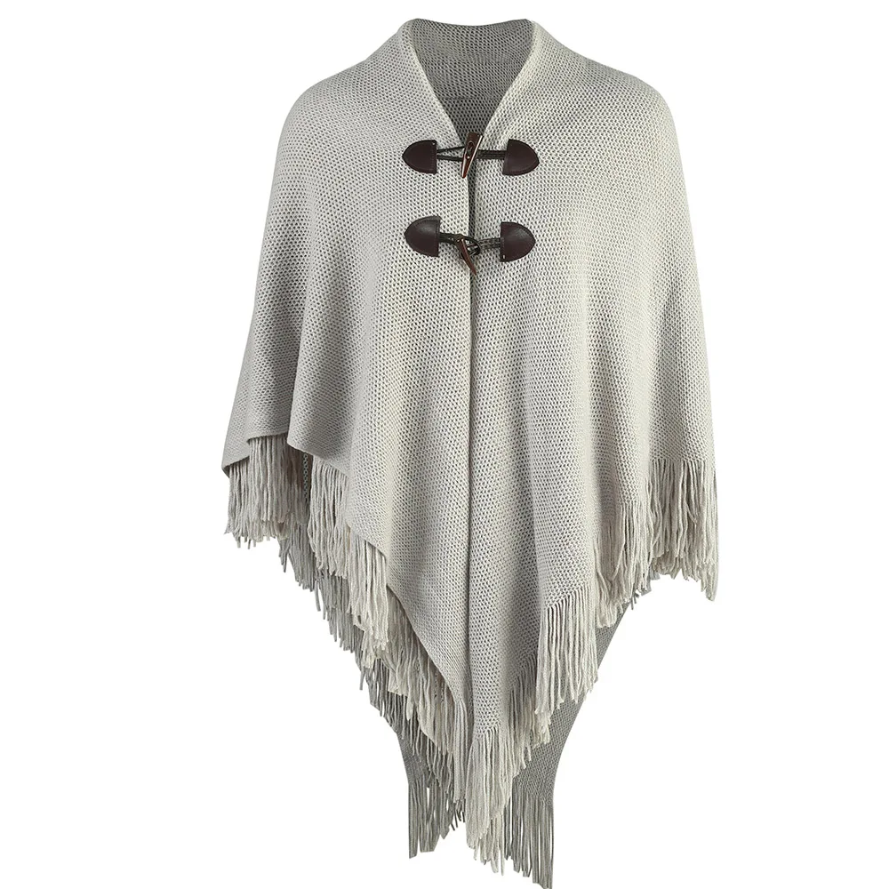 Fashion Women Poncho Tassel Woman Pashmina Horn Buttons Shawls Scarf Female Loose Ponchos Wrap Wool Cape Women Shawls