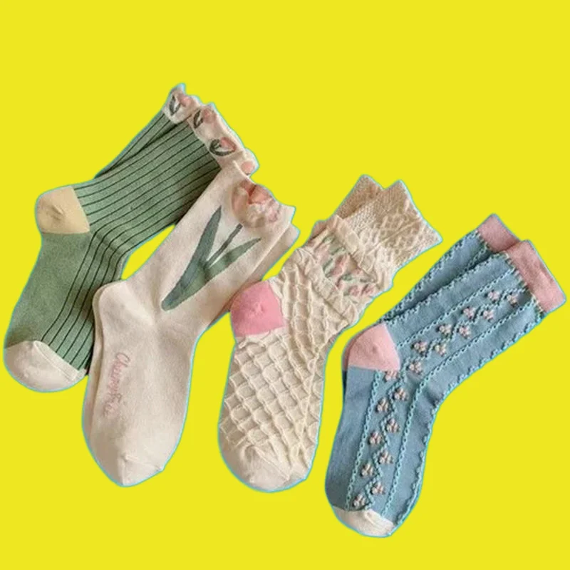 

5/10 Pairs Tulip Ladies Stacked Socks Flower Mid-Tube Socks Women's Mid-Tube Spring and Autumn Forest Series 2024 Winter Socks