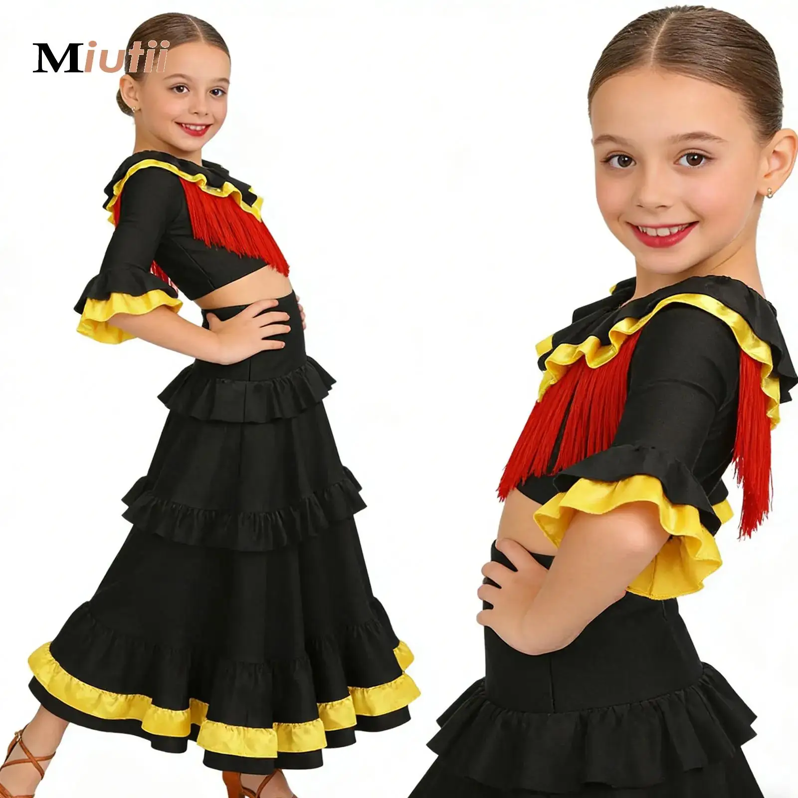 

Kid Girl Gypsy Spanish Flamenco Dancewear Clothes Set Tassel Crop Top with Tiered Skirt Ballroom Belly Dance Festival Stage Suit