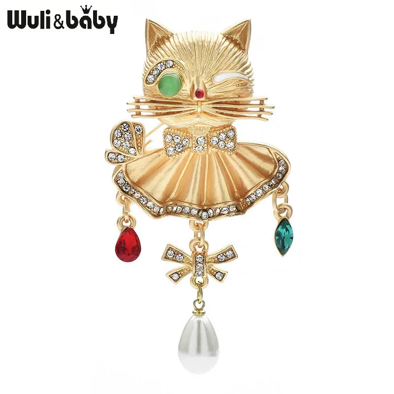 Wuli&baby Vintage Lovely Wink Cat Brooches For Women Pearl Metal Beautiful Pets Animal Party Causal Brooch Pins Gifts