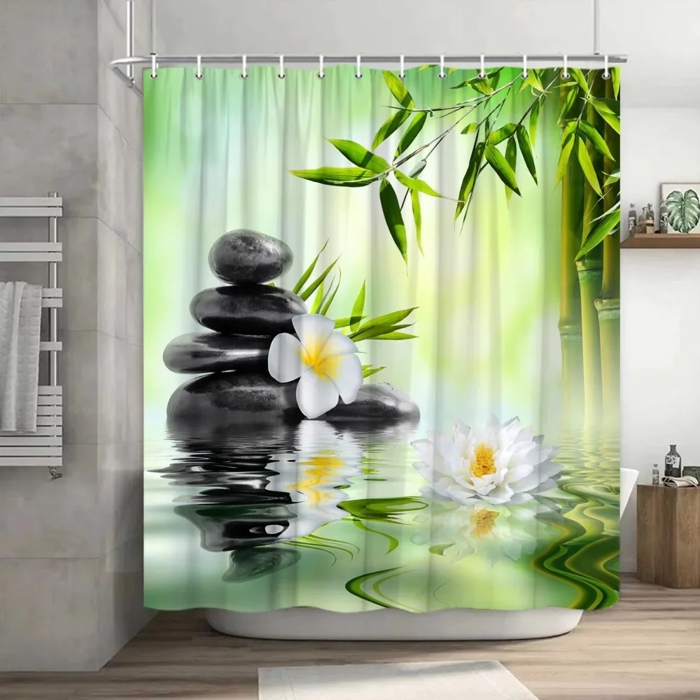 Green Bamboo Zen Stone Shower Curtains Lotus Flowing Water Zen Landscape Shower Curtain Home Bathroom Decoration Set with Hooks