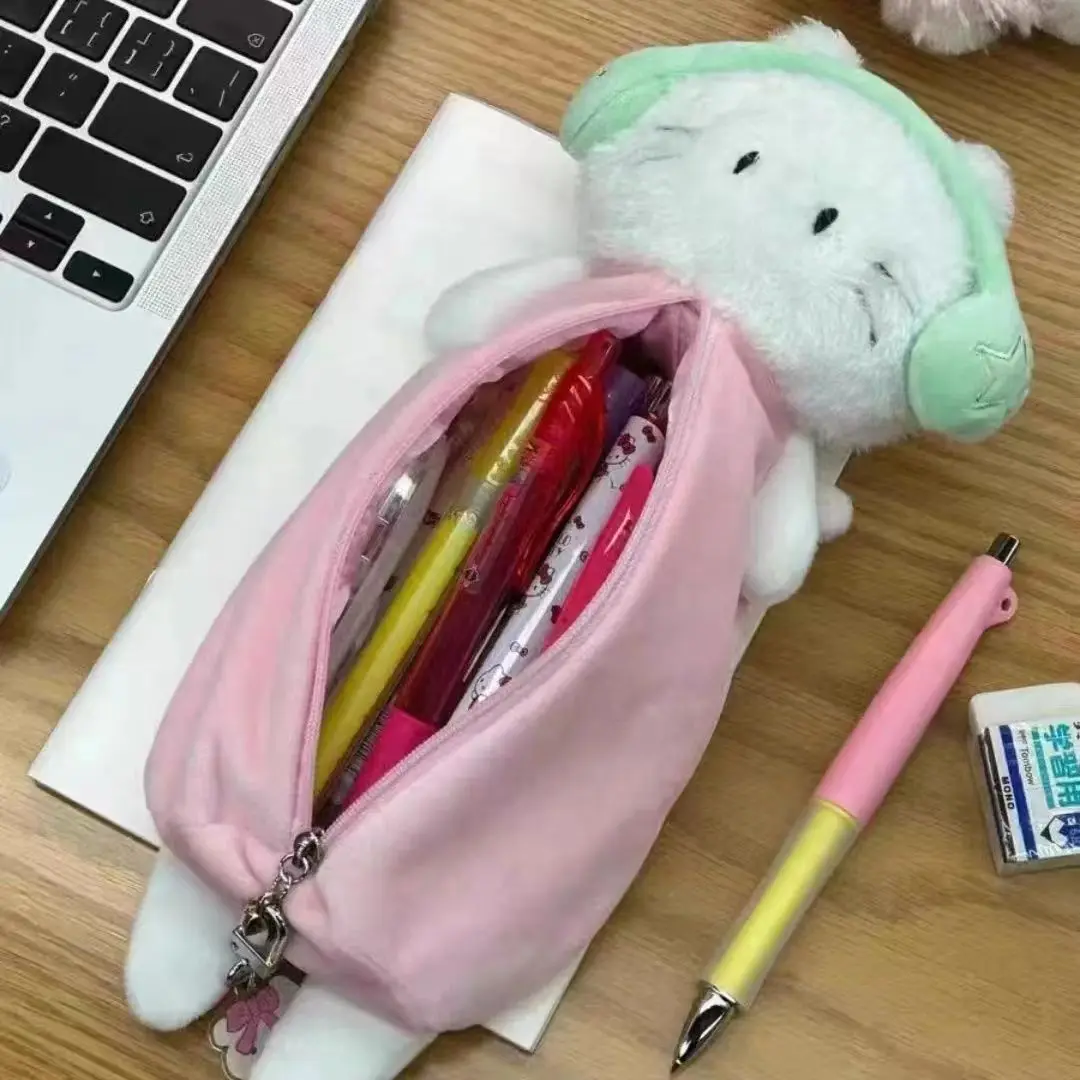 Sanrio Hello Kitty Cute Plush Headset Kt Cat Plush Doll Pencil Case Kawaii Fluffy Periphery Adorkable Student Stationery Gifts