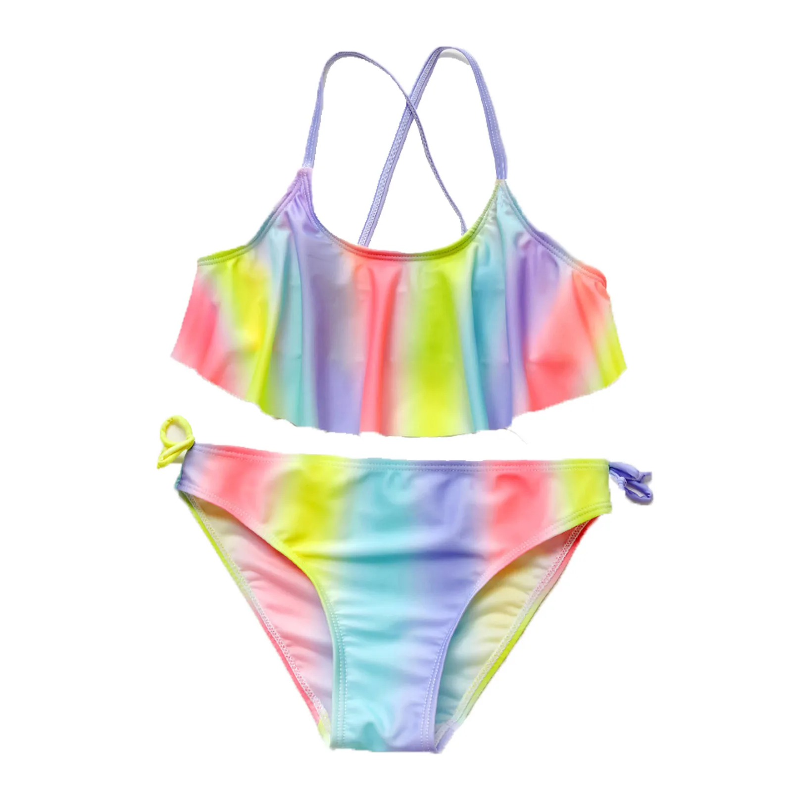 Strój kąpielowy dziewczęcy kostium Bikini z nadrukiem Tie-dye z falbankami dwuczęściowy strój kąpielowy dziecięcy letni kostium kąpielowy dla dzieci