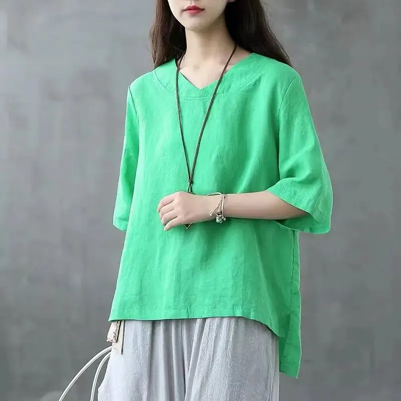 Asymmetrical Forking Cotton and Linen Tops Lady 2024 Summer Thin Style Casual Loose Large Size Short Sleeved All-match T-shirt