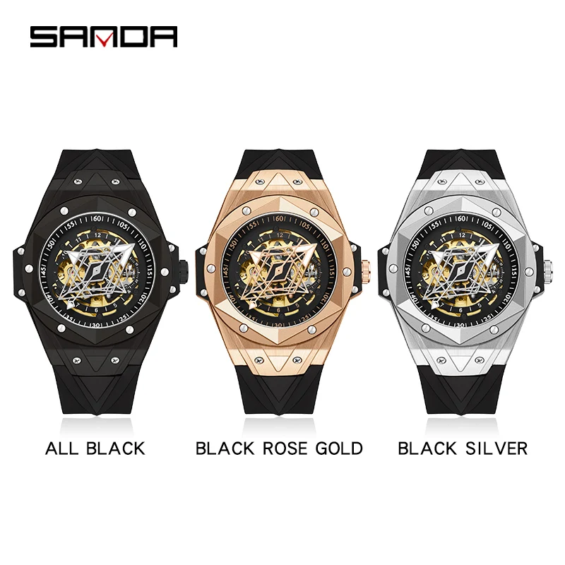 SANDA Luxury Watches For Men Automatic Mechanical Watch 30M Waterproof Rubber Strap Male Wristwatch Hollow out design dial