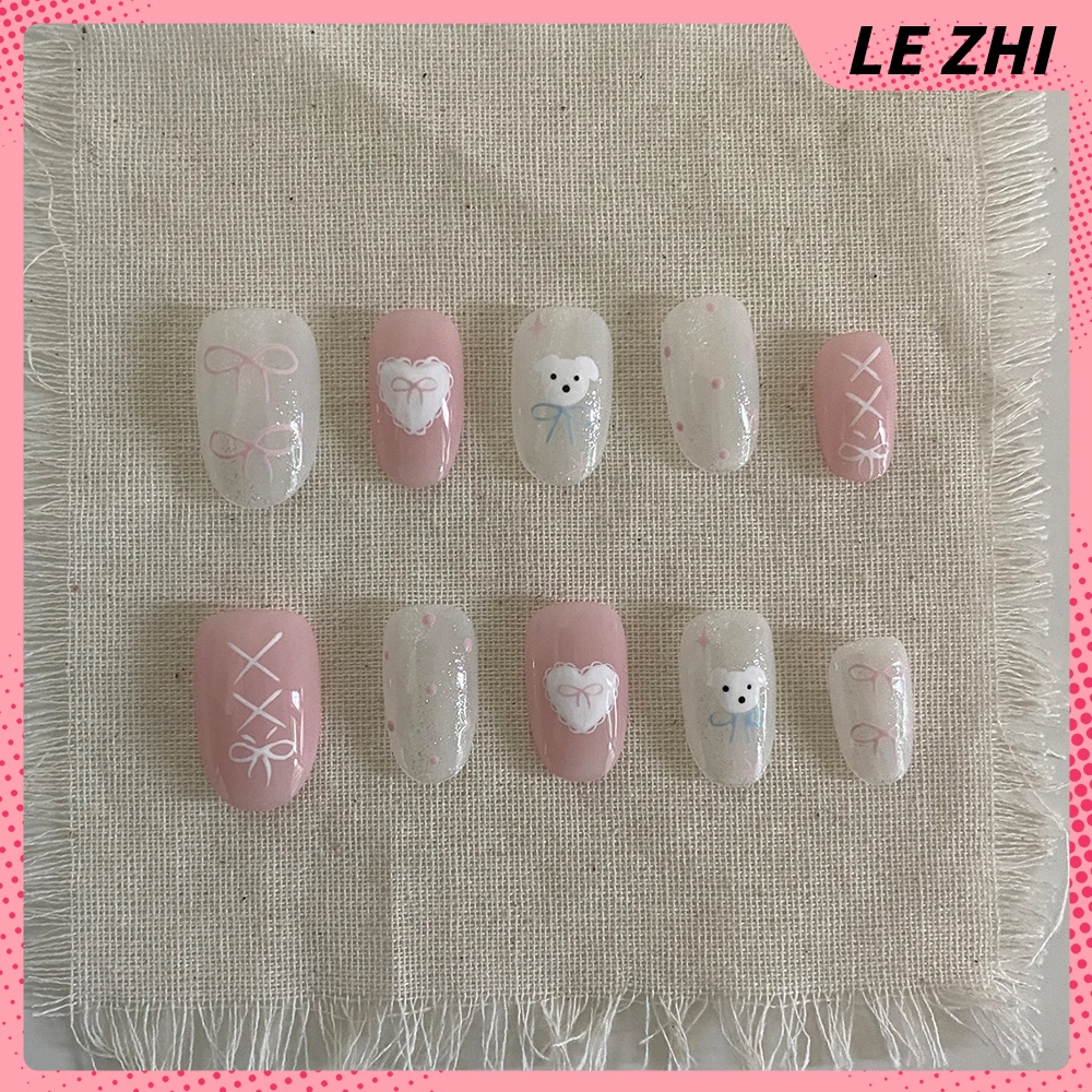 Kawaii Hand-Drawn Cat Bow Press On Nails Art Short Sweet French Simple Design Almond Cute Handmade False Nails Customized Gifts