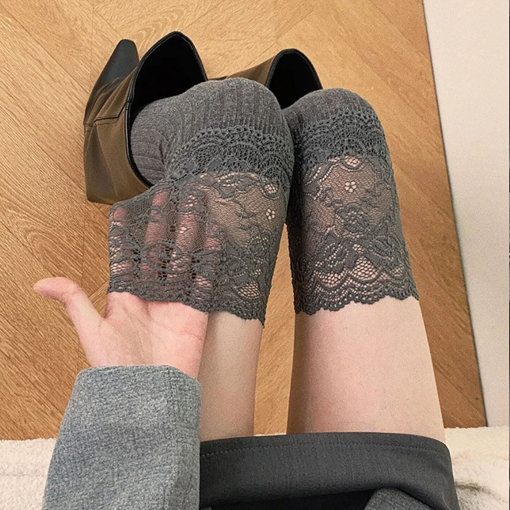 

New Cotton Knee-high Socks Keep Warm Lace Thigh High Socks Balletcore Solid Color Boot Socks Autumn Winter