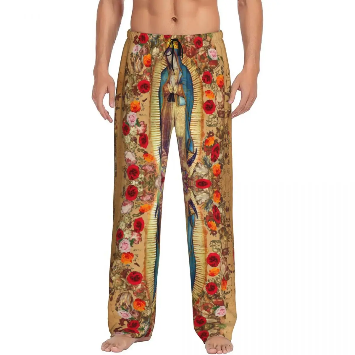 Custom Our Lady Of Guadalupe Virgin Mary Pajama Pants for Catholic Mexico Poster Sleepwear Lounge Sleep Bottoms Stretch Pockets