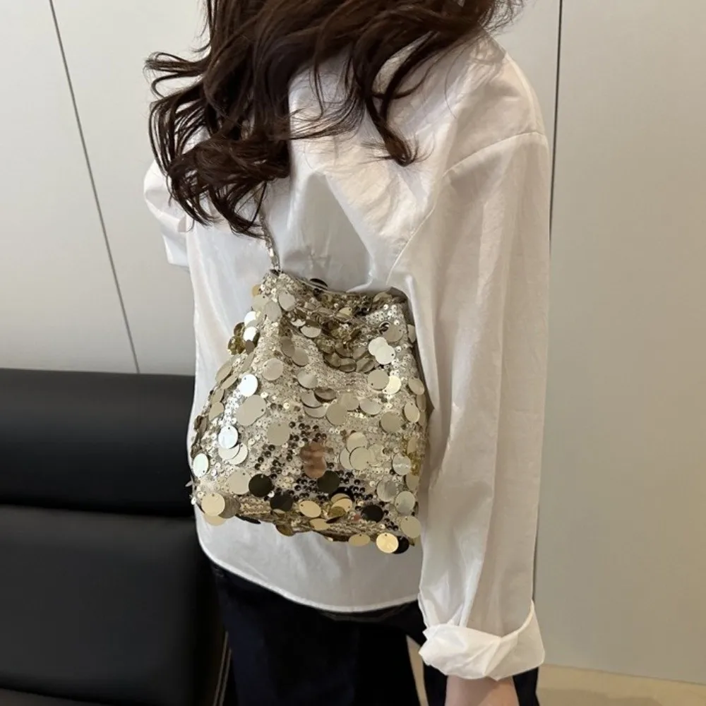 

Retro Shiny Evening Banquet Bag Korean Style Handheld Crossbody Bag Large Capacity Chain Bucket Bag Party