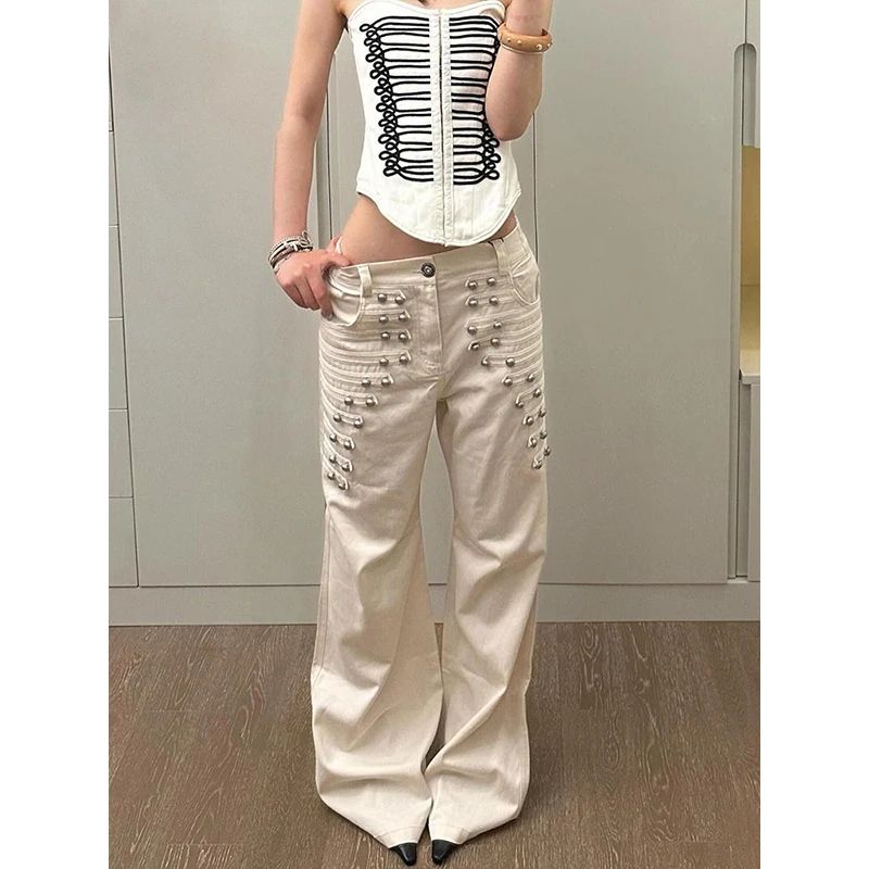 2026 American Retro Metal Buckle Design Denim Pants For Women Autumn New Street-Style Flirty Loose Wide-Leg Floor-Length Trouser