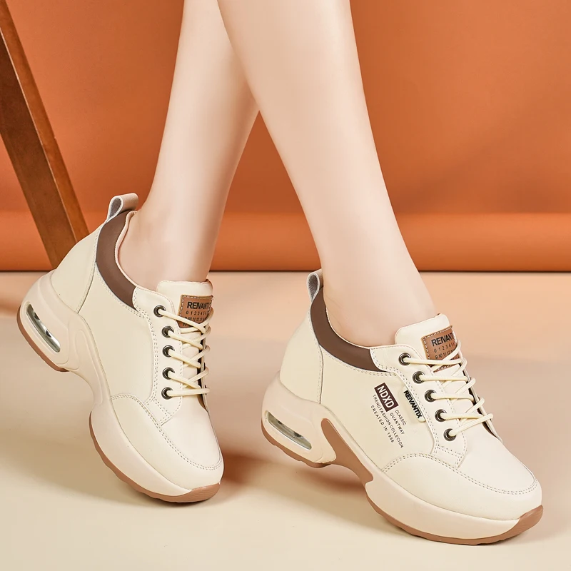 

Women's Leather Air Cushion Wedge Sneakers - Lace-Up Height Increasing Non-Slip Casual Walking Shoes