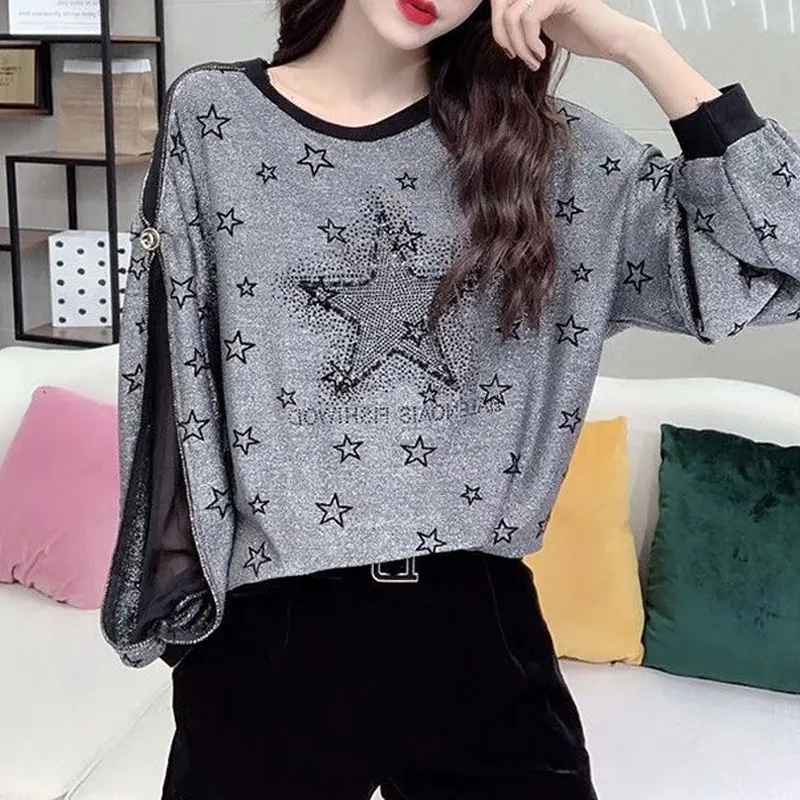 Streetwear Stylish Star Printed Sweatshirts Chic Diamonds Women\'s Clothing Casual Gauze Patchwork Spring Autumn O-Neck Pullovers