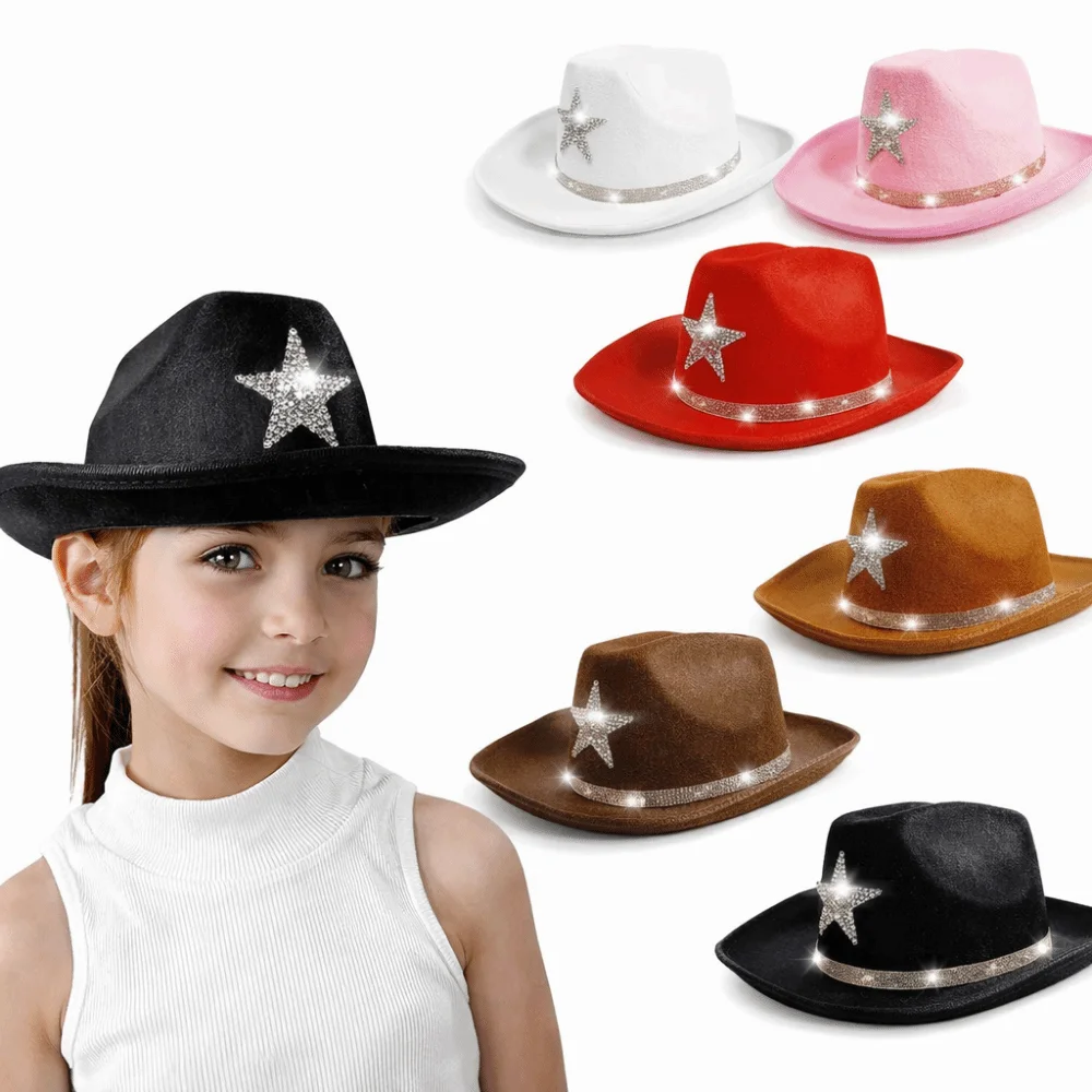 Rhinestone Western Hat Wide Brim Felt Material Cowboy Hat Sparkly Star Comfortable Fit Cowgirl Hat For Dress-Up Party Festival