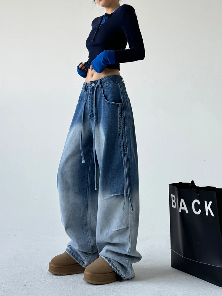 

Американские ретро-джинсы с цветными вставками и поясом на шнурке, женские свободные прямые длинные брюки с высокой талией из хлопка с эластаном