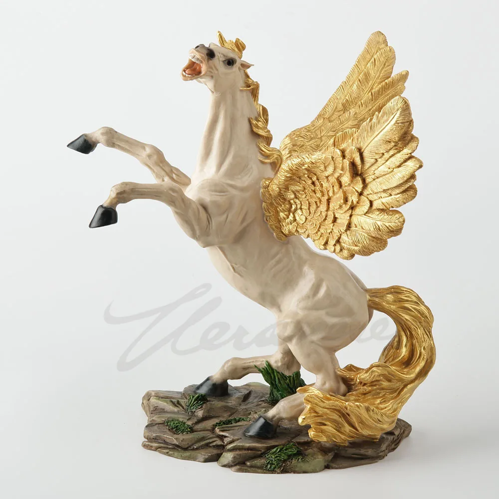 Rearing White Pegasus Statue With Golden Wings Resin Winged Horse Figurine Rock Grass Base Mythical Animal Home Decor Ornament