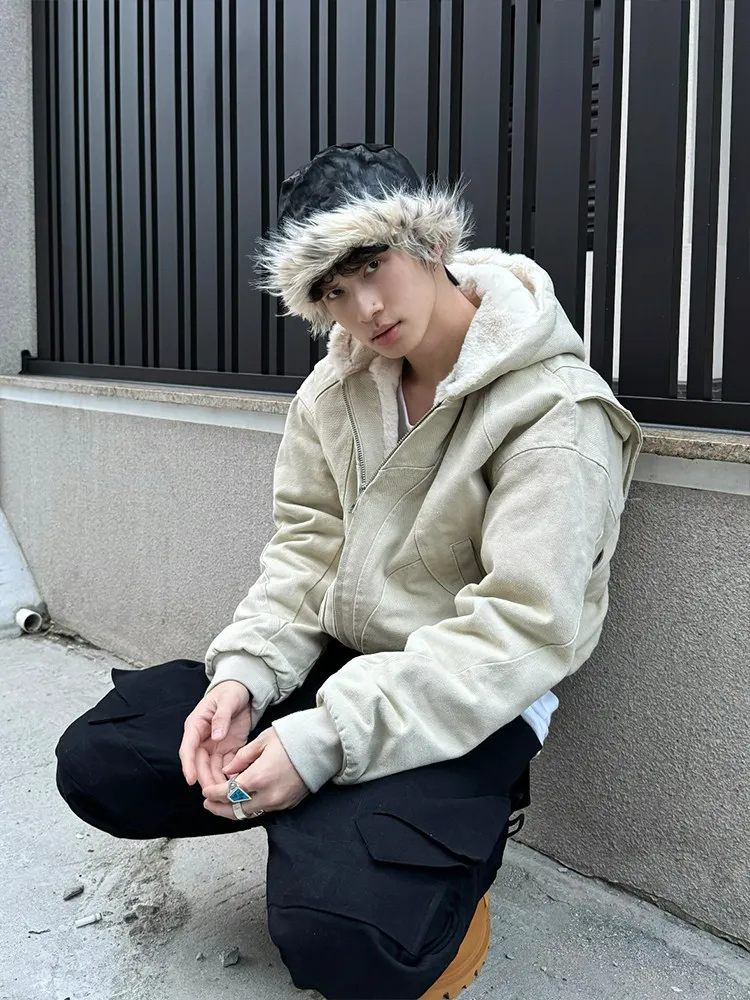 FEWQ American Style High Street Solid Color Washed Men's Plush Thick Cotton Clothing Casual Canvas Jacket 2026 Autumn New