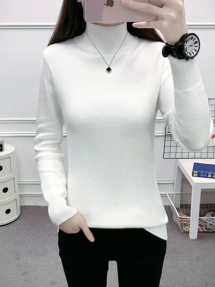 Slim Plush Half Turtleneck Sweaters Womens Knitwears Velvet Warm Jumper Elastic Thick Knitted Pullovers Soft Fleece Jersey Suete