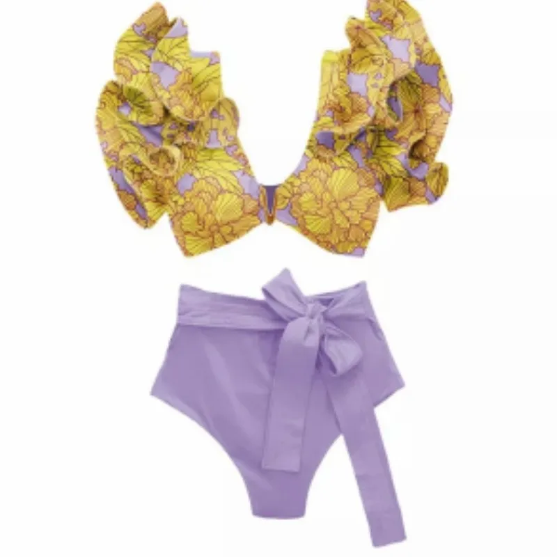 New French Retro Print One-Piece Swimsuit for Women, Hot Spring Vacation Beach Dress Bikini Three-Piece Set