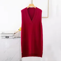 Autumn Winter Sleeveless Knitted Sweater Dress Women Vest Dress Women Long Vest Ladies Pullovers Female Outerwear Pull Femme