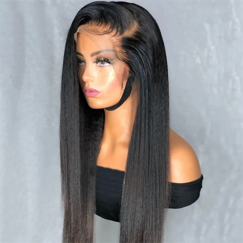 Matched All Skins Long 28Inch Lace Front Wig Black Yaki Kinky Straight With BabyHair Preplucked Synthetic Glueless Daily